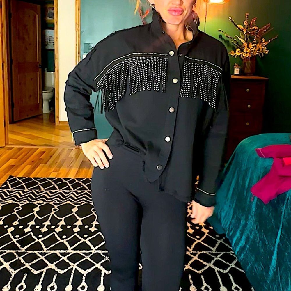 Women’s metallic fringe detail button up jacket NWOT